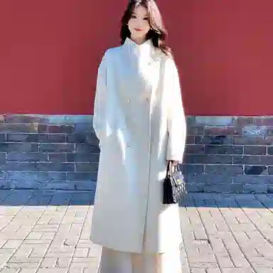 桴生 韩系时尚舒适纯色羊毛长款双排扣领设计感通勤慵懒风毛呢大衣 女款