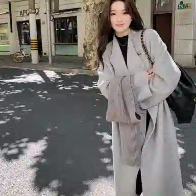 桴生 韩系时尚舒适纯色羊毛长款双排扣领设计感通勤慵懒风毛呢大衣 女款
