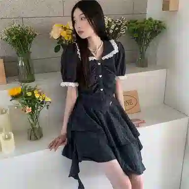 桴生 美式复古格纹收腰娃娃领不规则蛋糕式辣妹裙短袖连衣裙 女款