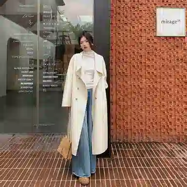 桴生 韩系时尚舒适纯色羊毛长款双排扣领设计感通勤慵懒风毛呢大衣 女款