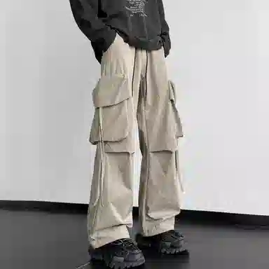 美式复古高街纯色户外机能宽松直筒休闲裤 男女同款