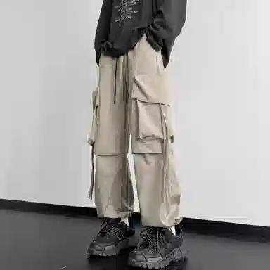 美式复古高街纯色户外机能宽松直筒休闲裤 男女同款