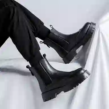 卡奇奥蒂 英伦布洛克 减震厚底 短筒 切尔西靴 男款 黑色