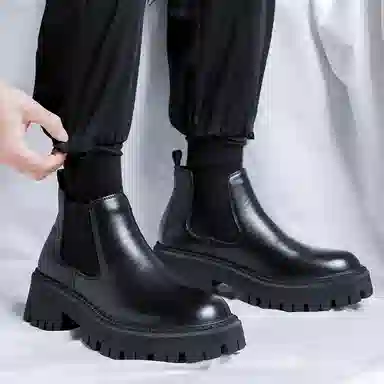 卡奇奥蒂 超纤皮 韩版潮流 英伦烟筒 切尔西靴 男款 黑色