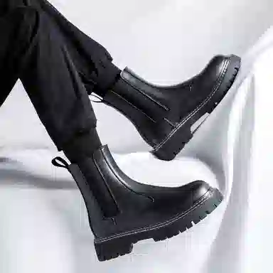 卡奇奥蒂 超纤皮 英伦百搭 简约潮流 防滑减震 高筒 切尔西靴 男款 黑色