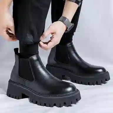 卡奇奥蒂 超纤皮 韩版潮流 英伦烟筒 切尔西靴 男款 黑色