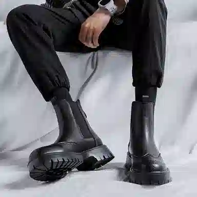 卡奇奥蒂 英伦布洛克 减震厚底 短筒 切尔西靴 男款 黑色