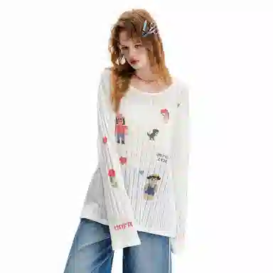 UNIFREE Cute Print Loose Thin Hollow Long Sleeve Tee