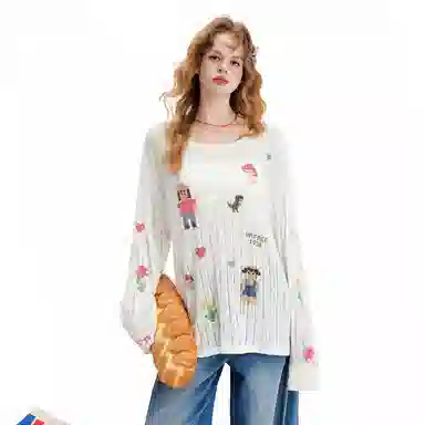 UNIFREE Cute Print Loose Thin Hollow Long Sleeve Tee