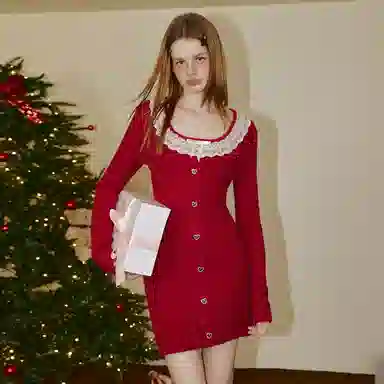 UNIFREE Lace Bow Knit Dress Beige