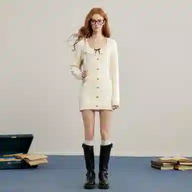 UNIFREE Lace Bow Knit Dress Beige