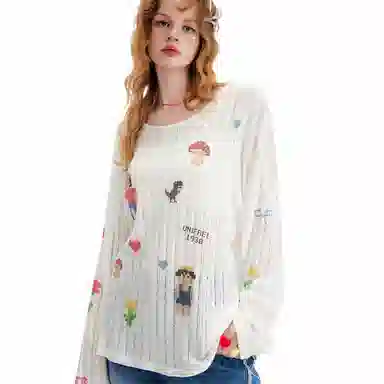 UNIFREE Cute Print Loose Thin Hollow Long Sleeve Tee