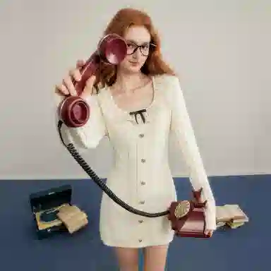 UNIFREE Lace Bow Knit Dress Beige