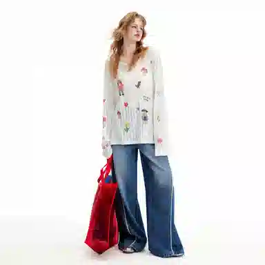 UNIFREE Cute Print Loose Thin Hollow Long Sleeve Tee