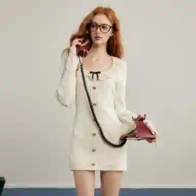 UNIFREE Lace Bow Knit Dress Beige