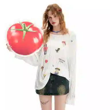 UNIFREE Cute Print Loose Thin Hollow Long Sleeve Tee