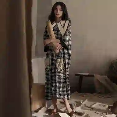 都市丽人 舒适休闲大码可外穿短袖睡裙 女款 黑白格纹
