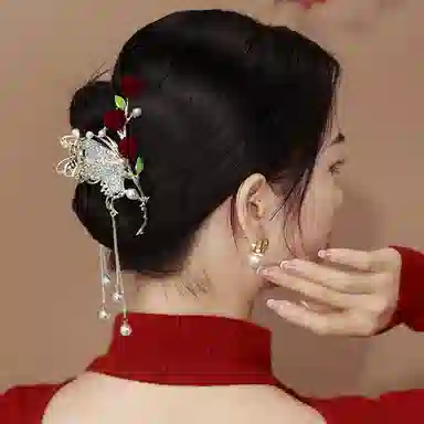 妖娆猫 满钻红色玫瑰抓夹套装复古宫廷风发卡后脑勺鲨鱼夹头饰发饰三件套 合金 发夹 女款