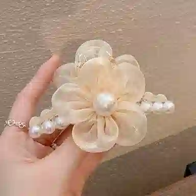 妖娆猫 超仙网纱珍珠花朵后脑勺气质盘发鲨鱼夹发卡韩式高级感 发夹 女款