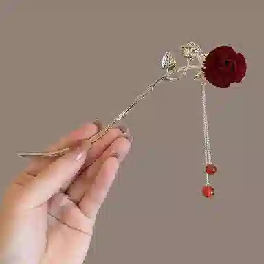 妖娆猫 新中式玫瑰 古风气质精致步摇流苏 高级感复古盘发头饰 发簪 女款