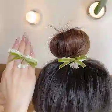 妖娆猫 法式蝴蝶结铃兰花复古皮筋扎头发优雅气质皮套 发圈 女款