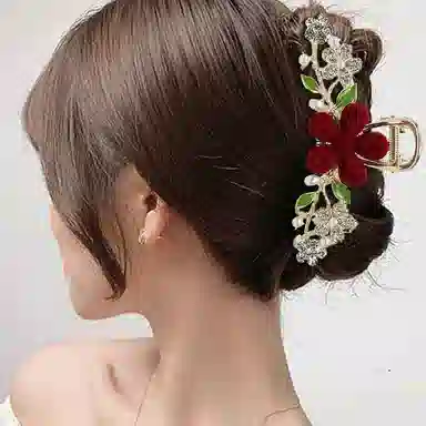 妖娆猫 满钻红色玫瑰抓夹套装复古宫廷风发卡后脑勺鲨鱼夹头饰发饰三件套 合金 发夹 女款