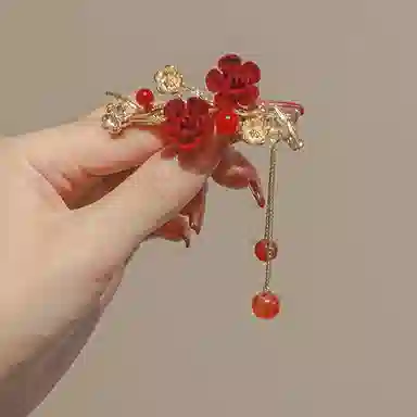 妖娆猫 国风梅花流苏精致植绒花朵发卡高丸子头盘发固定抓夹一字夹子头饰 发夹 女款