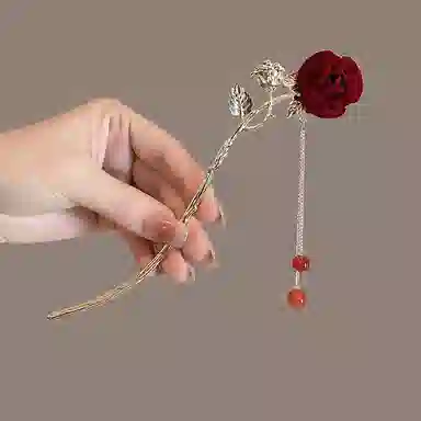 妖娆猫 新中式玫瑰 古风气质精致步摇流苏 高级感复古盘发头饰 发簪 女款