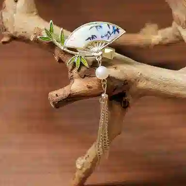 妖娆猫 古风流苏蝴蝶后脑勺侧边刘海一字夹新中式水墨画竹叶扇子鸭嘴夹气质前额边夹 合金 发夹 女款