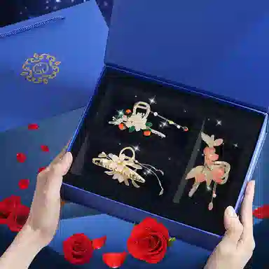 妖娆猫 新中式发柿如意花夹女头饰高端发卡时尚柿朵鲨鱼夹女后脑勺抓夹网红套装礼盒  发饰 女款 浪漫惊喜礼品实用