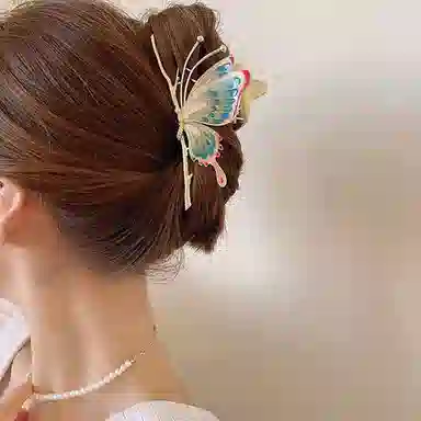 妖娆猫 新中式古风优雅彩绘蝴蝶大号  夏季后脑勺发饰 高级感 发头饰鲨鱼夹 发夹 女款