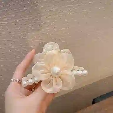 妖娆猫 超仙网纱珍珠花朵后脑勺气质盘发鲨鱼夹发卡韩式高级感 发夹 女款