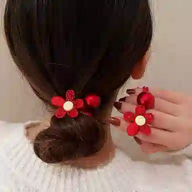 妖娆猫 中国红花朵喜庆红高级感马尾气质 发圈 女款