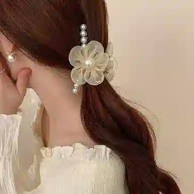 妖娆猫 超仙网纱珍珠花朵后脑勺气质盘发鲨鱼夹发卡韩式高级感 发夹 女款