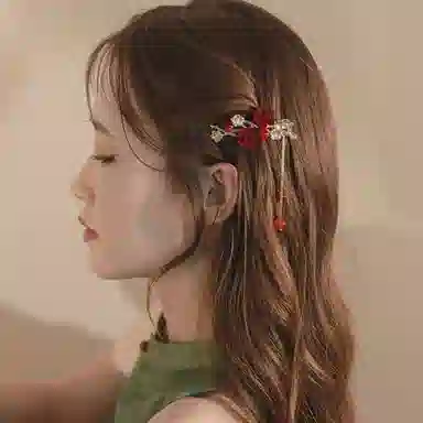 妖娆猫 国风梅花流苏精致植绒花朵发卡高丸子头盘发固定抓夹一字夹子头饰 发夹 女款