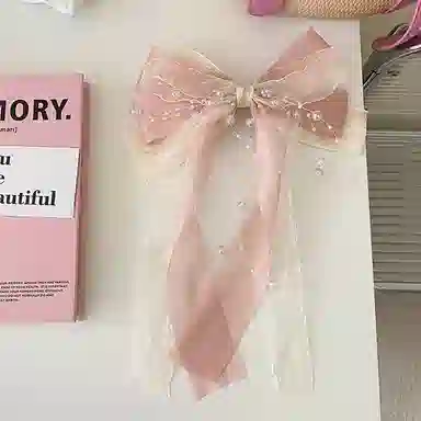 妖娆猫 超仙甜美网纱蝴蝶结后脑勺多层飘带水珠链条弹簧夹高级感 发夹 女款