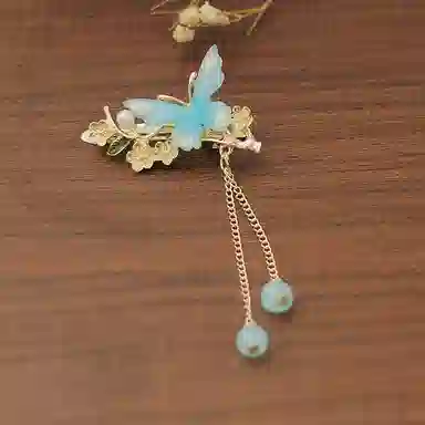 妖娆猫 古风流苏蝴蝶后脑勺侧边刘海一字夹新中式水墨画竹叶扇子鸭嘴夹气质前额边夹 合金 发夹 女款