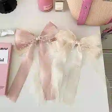 妖娆猫 超仙甜美网纱蝴蝶结后脑勺多层飘带水珠链条弹簧夹高级感 发夹 女款