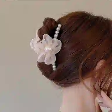 妖娆猫 超仙网纱珍珠花朵后脑勺气质盘发鲨鱼夹发卡韩式高级感 发夹 女款