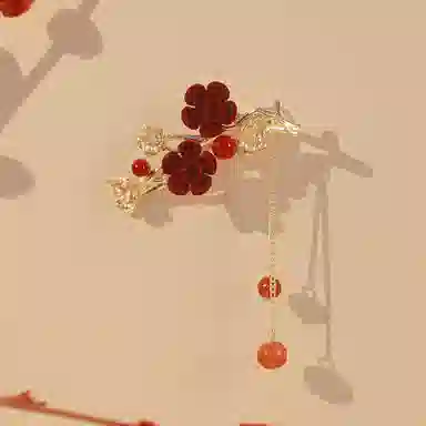 妖娆猫 国风梅花流苏精致植绒花朵发卡高丸子头盘发固定抓夹一字夹子头饰 发夹 女款