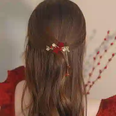 妖娆猫 国风梅花流苏精致植绒花朵发卡高丸子头盘发固定抓夹一字夹子头饰 发夹 女款