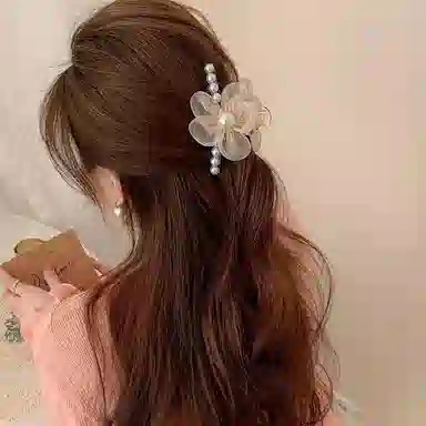 妖娆猫 超仙网纱珍珠花朵后脑勺气质盘发鲨鱼夹发卡韩式高级感 发夹 女款