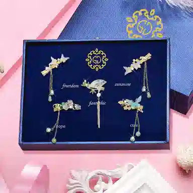 妖娆猫 古风流苏蝴蝶后脑勺侧边刘海一字夹新中式水墨画竹叶扇子鸭嘴夹气质前额边夹 合金 发夹 女款