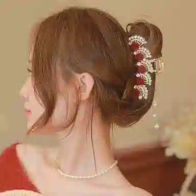 妖娆猫 红色玫瑰花朵抓夹套装后脑勺盘发卡气质鲨鱼夹三件套 发夹 女款