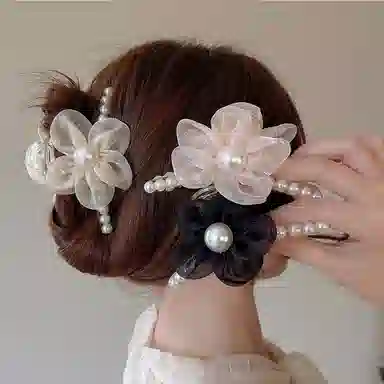 妖娆猫 超仙网纱珍珠花朵后脑勺气质盘发鲨鱼夹发卡韩式高级感 发夹 女款