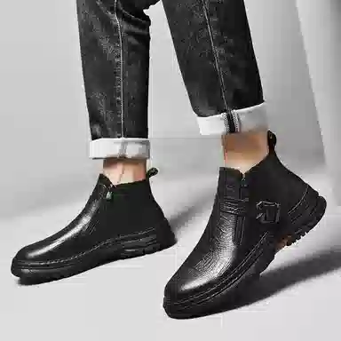 公牛雷霆 头层牛皮 潮流时尚 短靴 男款 黑色