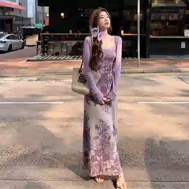 玉儿恋 纯欲风新中式气质复古碎花拼接蕾丝吊带开衫度假茶歇裙装套装 女款 紫色单品