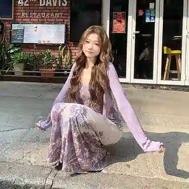 玉儿恋 纯欲风新中式气质复古碎花拼接蕾丝吊带开衫度假茶歇裙装套装 女款 紫色单品