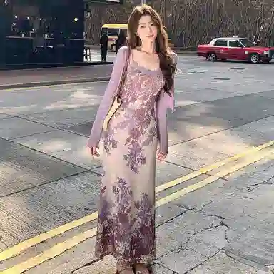 玉儿恋 纯欲风新中式气质复古碎花拼接蕾丝吊带开衫度假茶歇裙装套装 女款 紫色单品