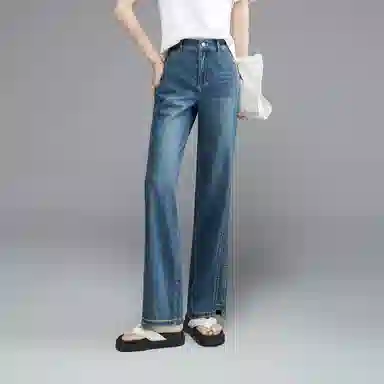 娅丽达 水洗高腰宽松阔腿休闲牛仔裤 女款 蓝色